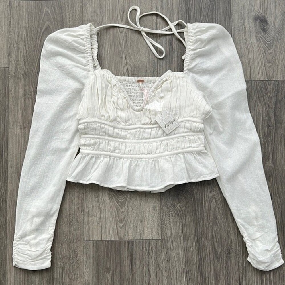 FREE PEOPLE Chloe Top XS White Puff Sleeves Smocked Cottagecore Boho Coquette